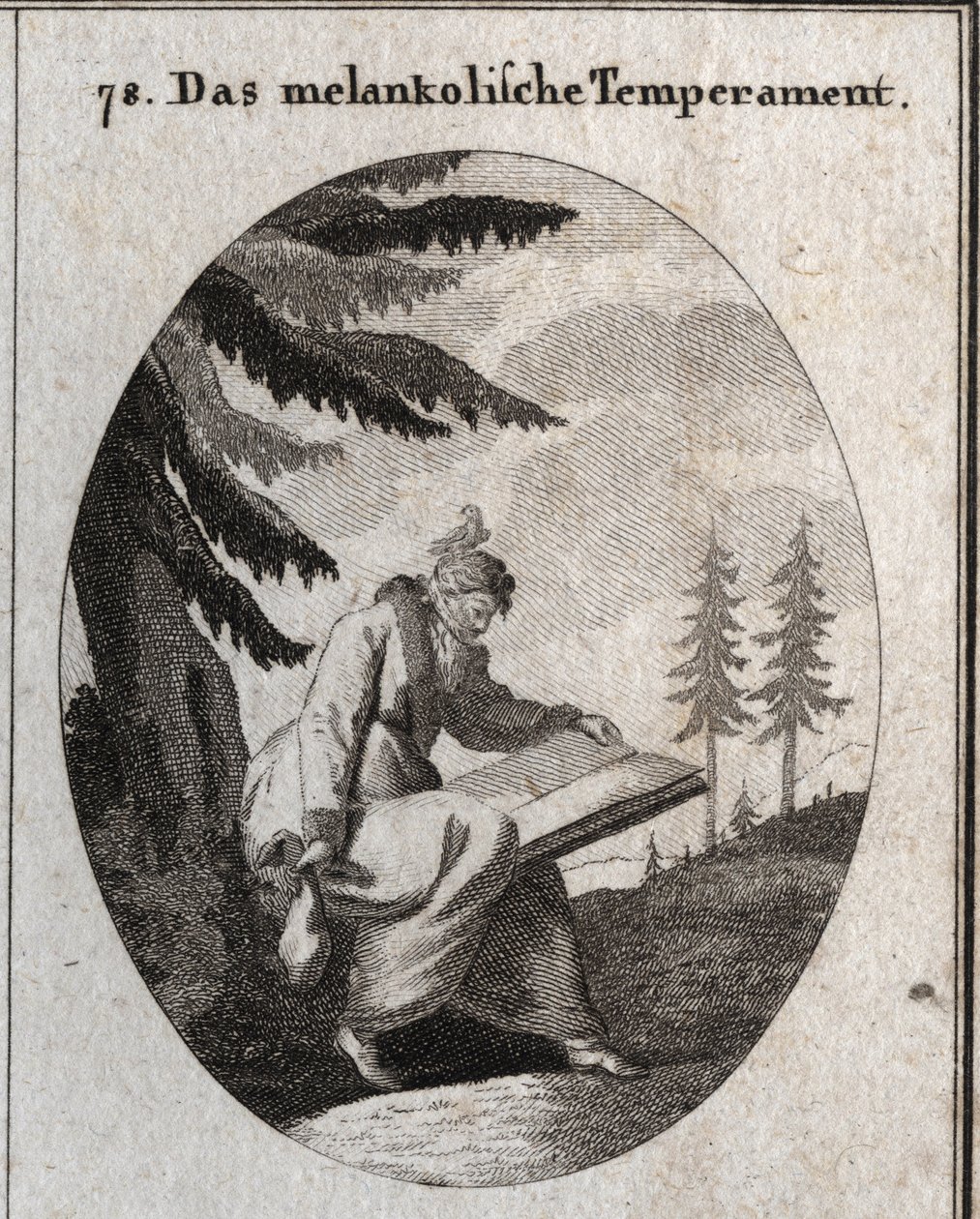 Allegorie van melancholische gemoedstoestand. Hij houdt een boek en een beurs vast en zijn mond is met een blinddoek gesloten. Een vogel zit op zijn hoofd. Gravure in 