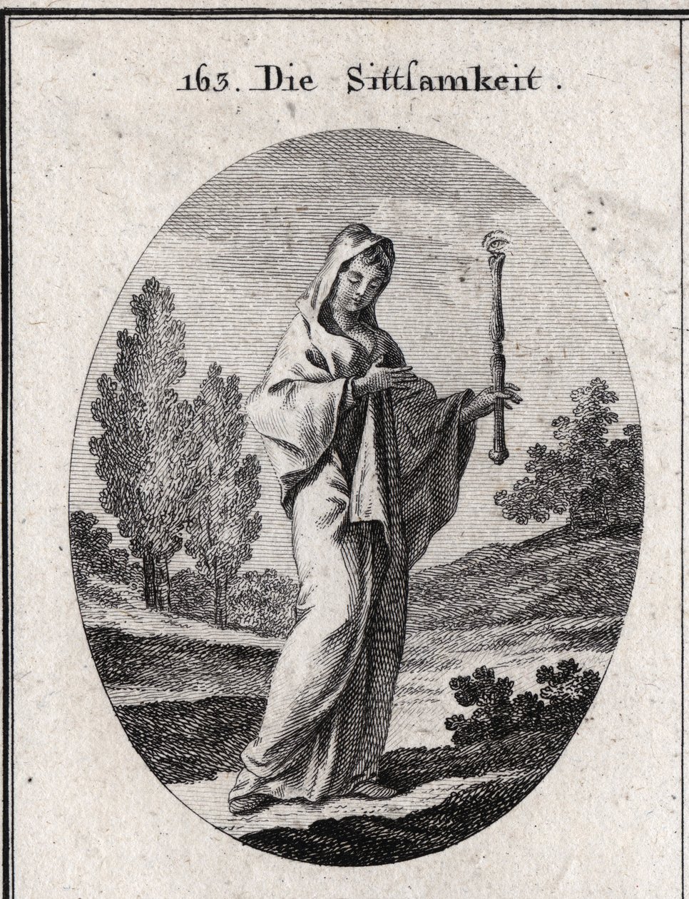 Allegorie van bescheidenheid. Gravure in "Iconologie oder Ideen aus dem Gebiete der Leidenschaften und Allegorien bildich dargestellt fur Zeichner, Mahler, Dichter" door Austrian School
