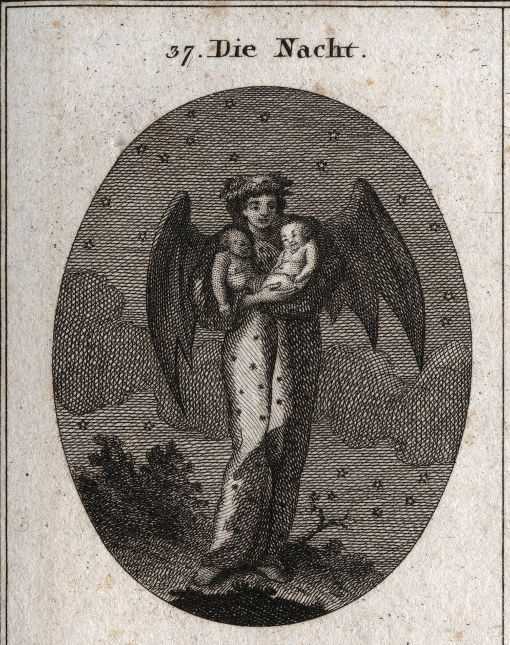 Allegorie van de nacht afgebeeld met vleermuisvleugels. Ze houdt twee slapende kinderen vast, een witte en een zwarte (droom en nachtmerrie). Gravure in 
