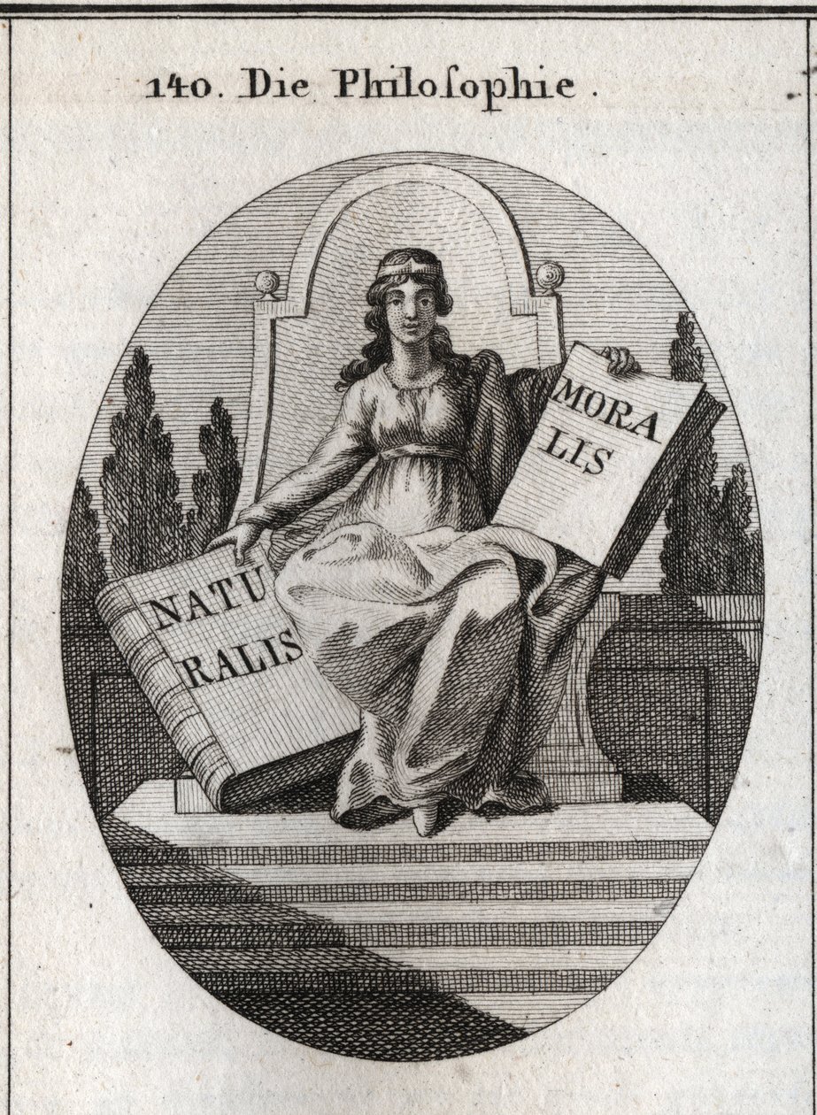Allegorie van filosofie zittend op een marmeren troon boven verschillende treden. Ze heeft een gouden diadeem op het voorhoofd en houdt twee open boeken 
