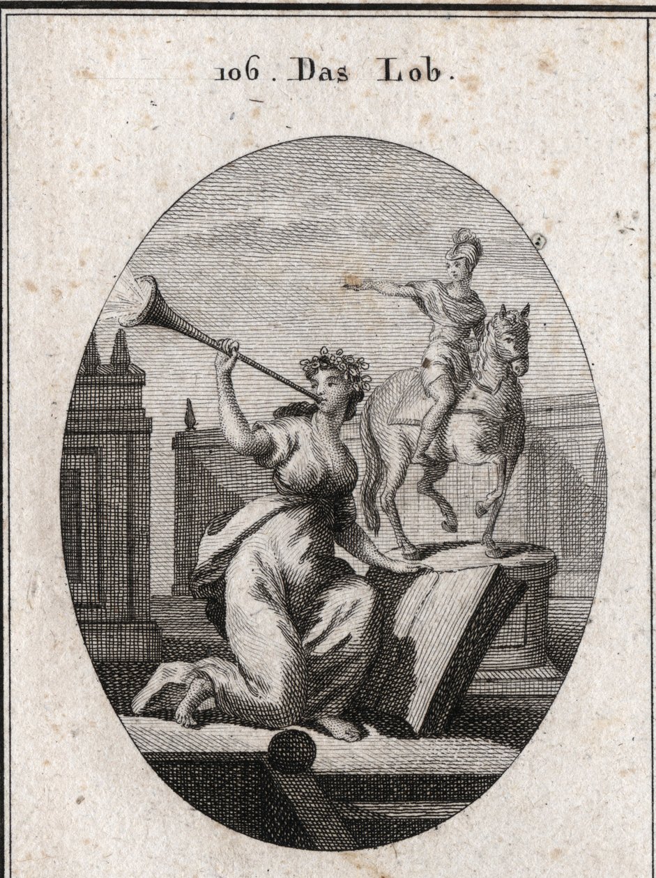 Allegorie van lof. Gravure in "Iconologie oder Ideen aus dem Gebiete der Leidenschaften und Allegorien bildich dargestellt fur Zeichner, Mahler" door Austrian School