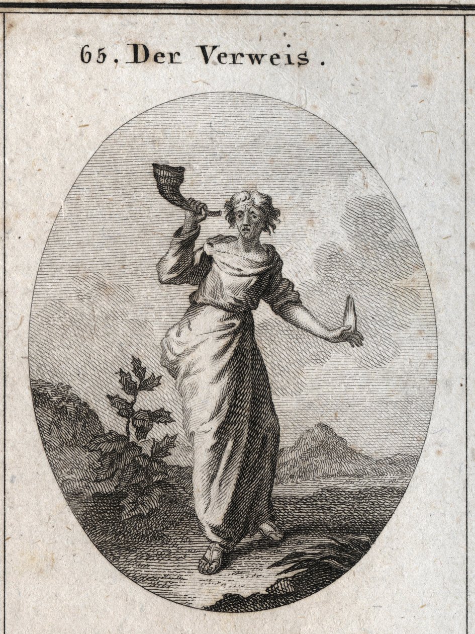 Allegorie van berisping. Ze leert een boek te klinken dat de onaangename klank van berispende woorden benadrukt, voorzichtig gemanipuleerd, zoals blijkt uit de menselijke taal die ze in de andere hand houdt. Gravure in 