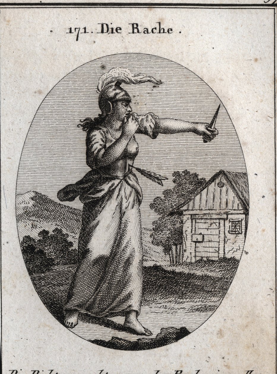 Allegorie van wraak. Gravure in "Iconologie oder Ideen aus dem Gebiete der Leidenschaften und Allegorien bildich dargestellt fur Zeichner, Mahler" door Austrian School