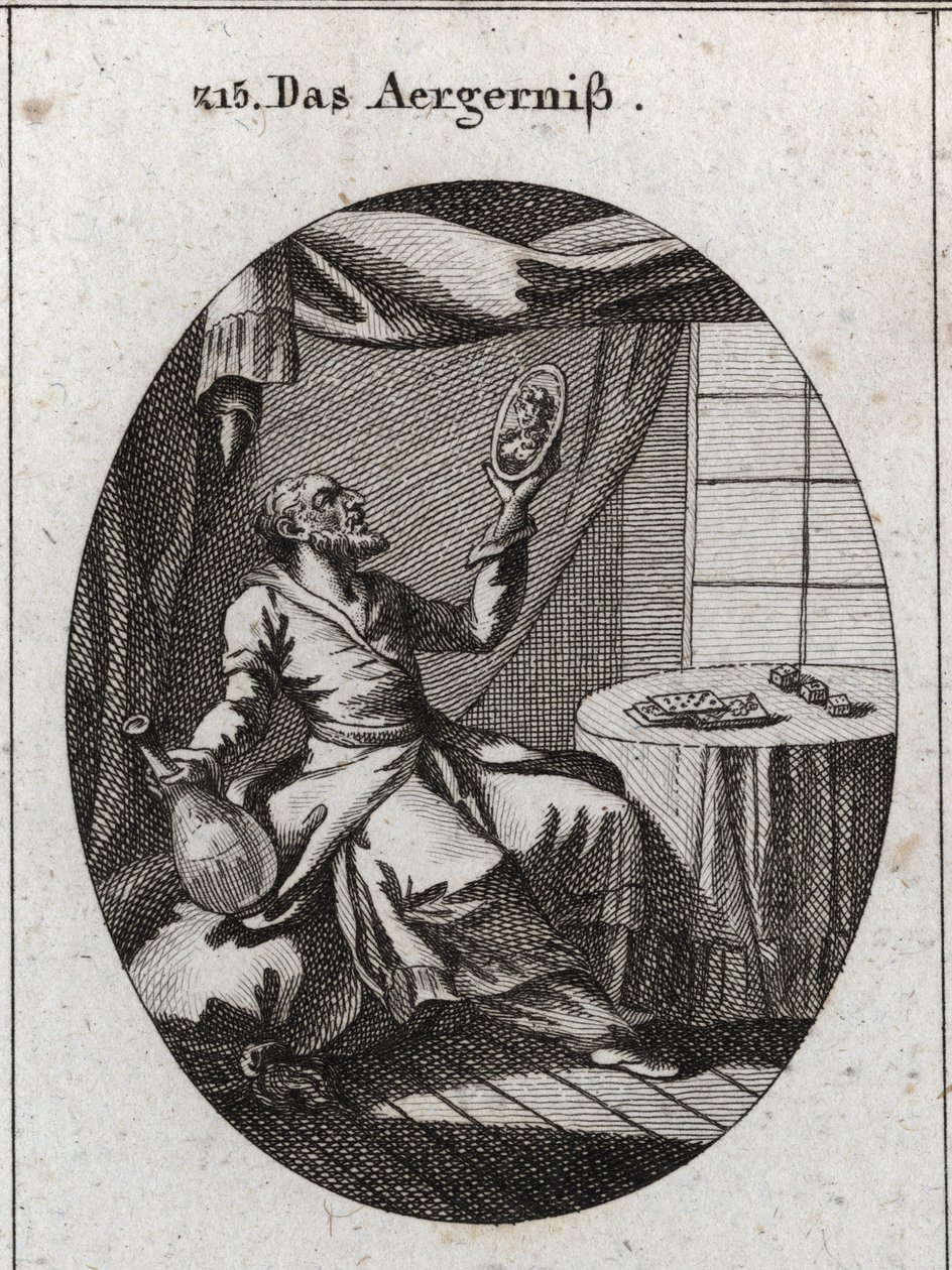 Allegorie van schandaal. Hij houdt met één hand een fles vast en met de andere een portret van een jonge vrouw en staat bij een tafel waarop speelkaarten en spellen liggen. Gravure in 
