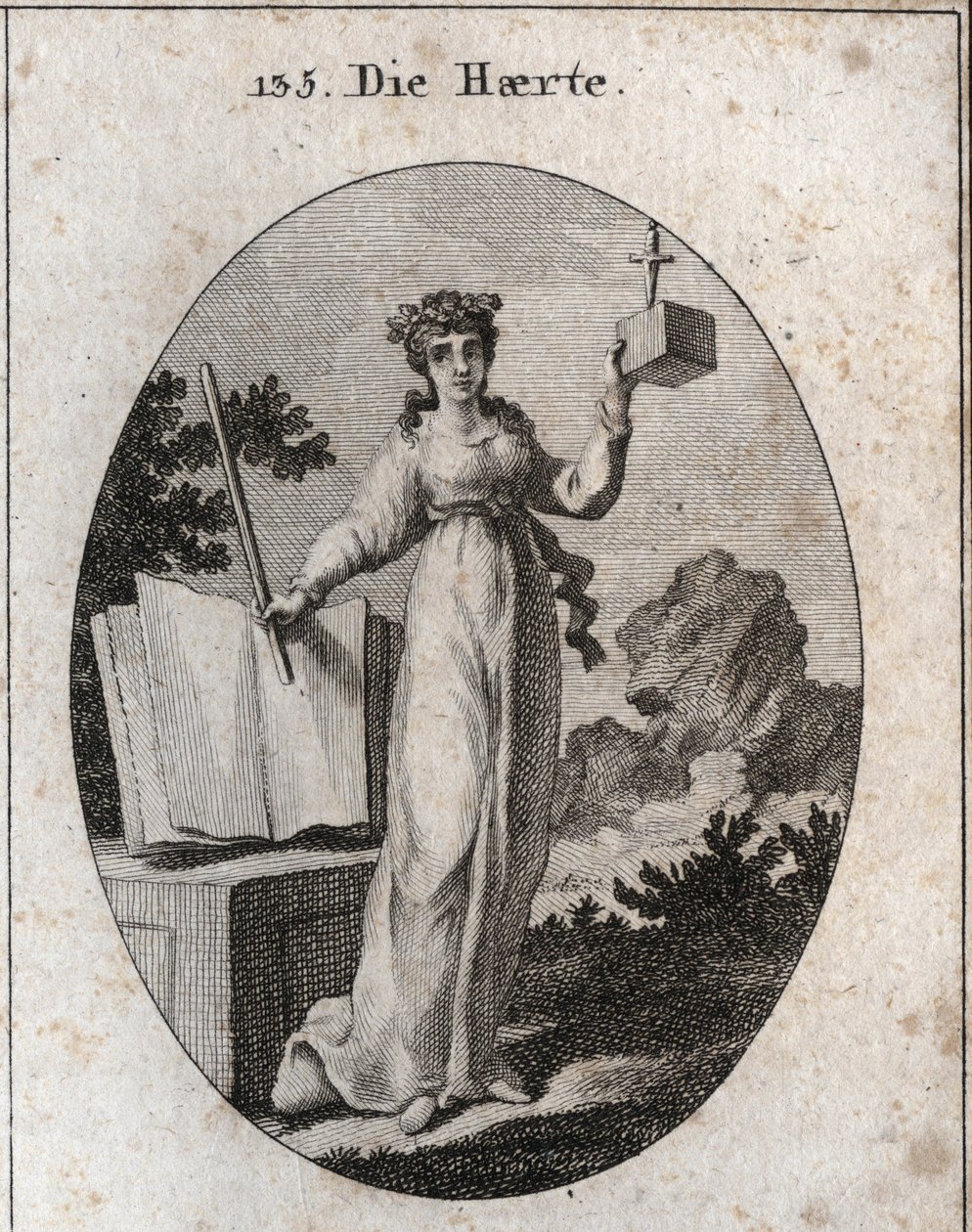 Allegorie van strengheid gekroond met een eikentak, attribuut van kracht. Ze leunt op een wetboek en houdt een ijzeren staaf vast. De kubus waarin een dolk vertraagt, symboliseert haar nabijheid en haar onbuigzaamheid. Gravure in 