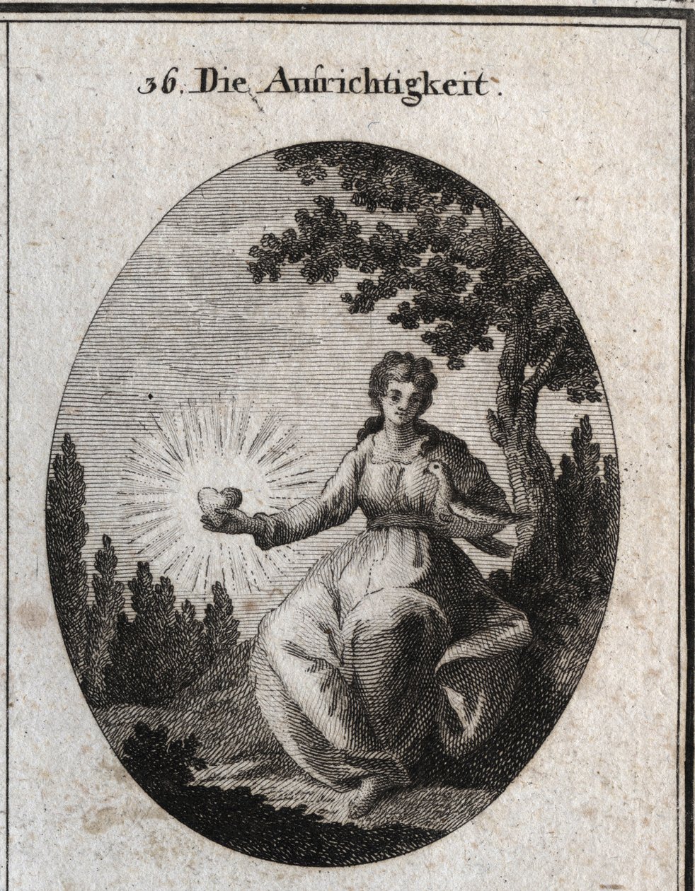 Allegorie van oprechtheid met een duif tegen haar borst en een stralend hart. Gravure in 