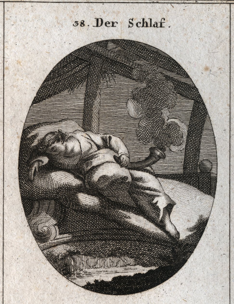 Allegorie van slaap. Gravure in "Iconologie oder Ideen aus dem Gebiete der Leidenschaften und Allegorien bildich dargestellt fur Zeichner, Mahler" door Austrian School
