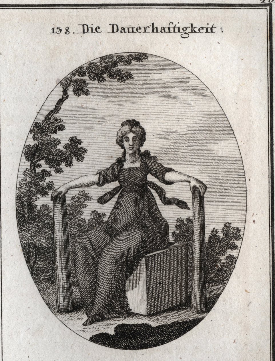 Allegorie van stabiliteit zittend op een marmeren kubus met twee stapels loodrecht in de aarde. Gravure in 