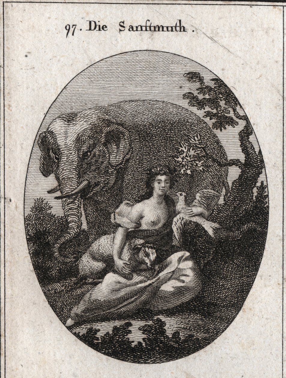 Allegorie van zachtheid of mansuetude, kroon van olijfbomen als symbool van vrede. Zijn attribuut is de olifant, die de goedheid van het hart vertegenwoordigt, het lam symbool van mansuetude en de duif, embleem van zachtheid. Gravure in 