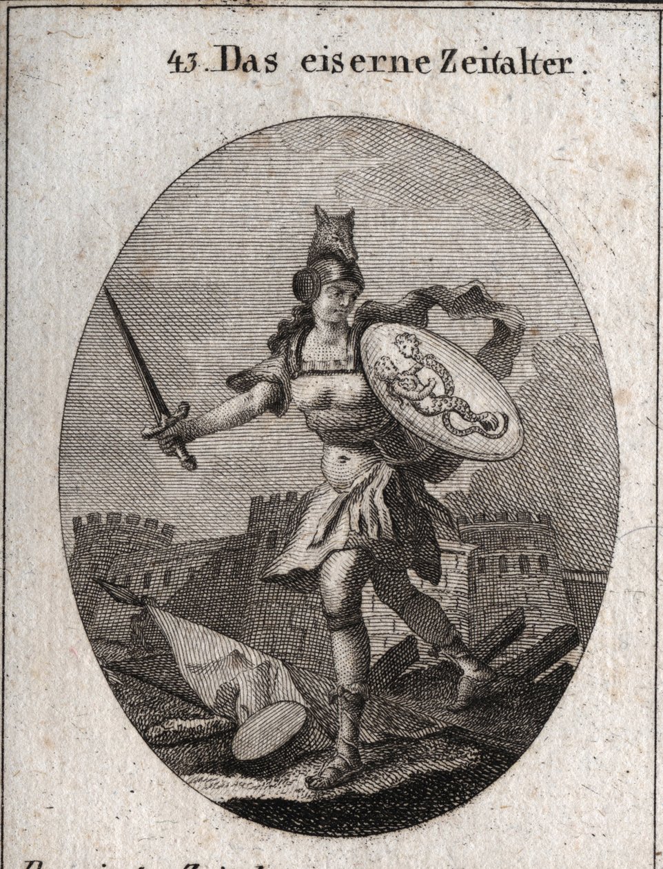Allegorie van het IJzeren Tijdperk dat wordt gekenmerkt door geweld, slechte trouw en verraad. Van woeste verschijning, ze is gewapend met een helm in de vorm van een wolvenkop, houdt een zwaard en een schild waarop fraude en ondeugd zijn afgebeeld (zeemee door Austrian School