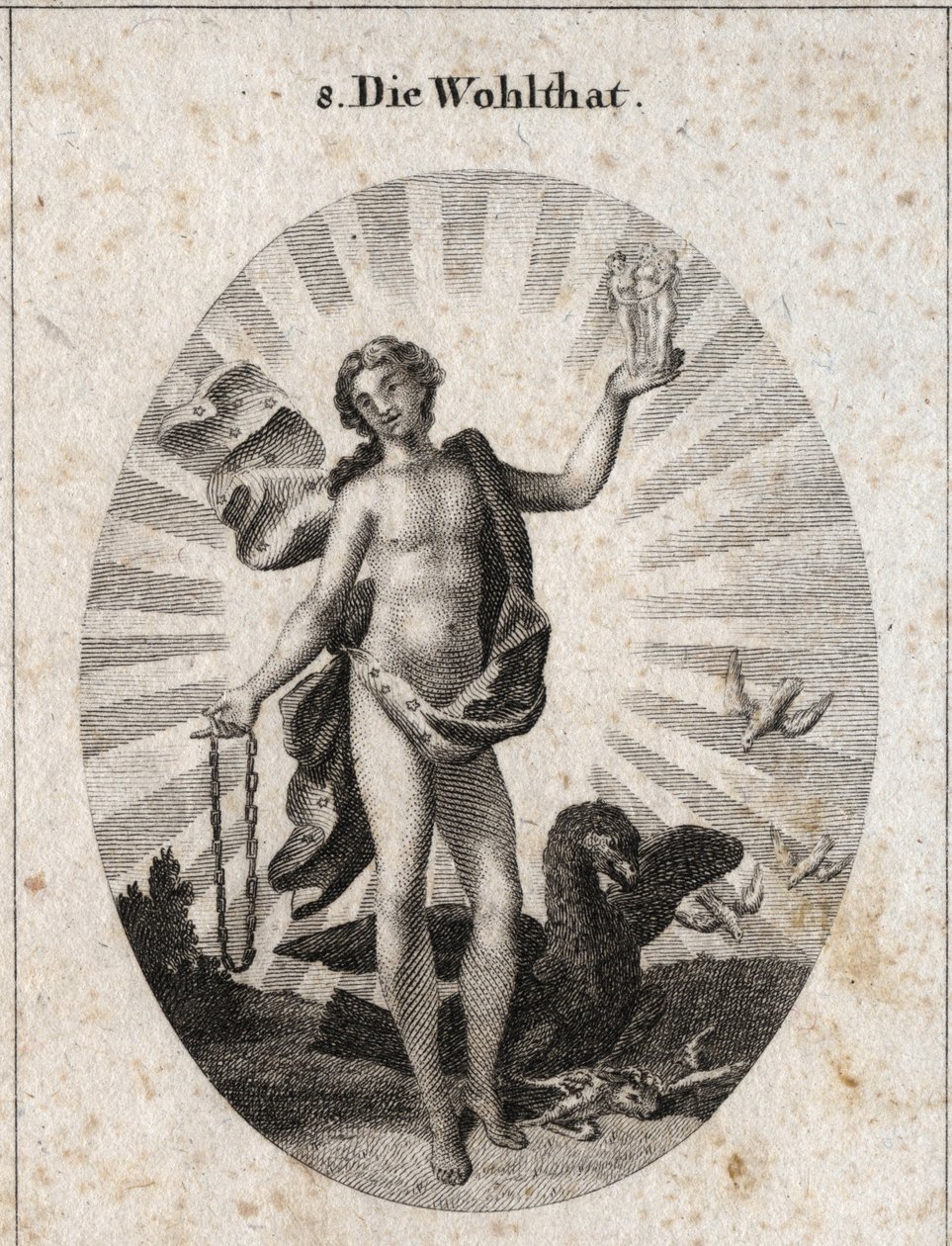 Allegorie van de zegen vertegenwoordigd door een knappe jongeman met een lachend gezicht. Zijn draperie is bezaaid met sterren en is omgeven door stralen van licht, met de ene hand houdt hij de gratiën vast en met de andere een gouden ketting. De adelaar b door Austrian School