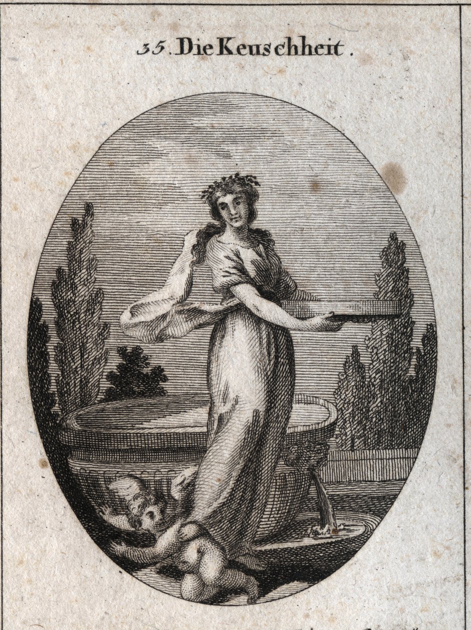 Allegorie van kuisheid met een kaneelkroon, een symbool van kuisheid bij de Egyptenaren, en een scherm gevuld met water dat verwijst naar de rechtvaardiging van een vestaalse maagd die haar kuisheid bewees. Ze weerhoudt een liefde onder haar voet door Austrian School