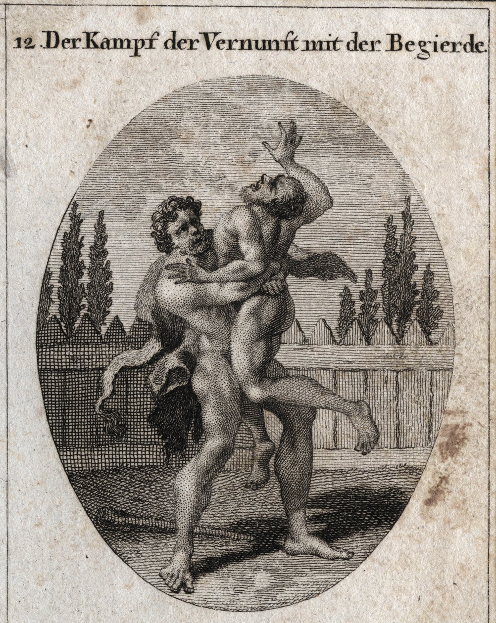 Allegorie van de strijd tussen rede en eetlust. De aardse en vleselijke eetlust wordt afgebeeld door Ante en Hercules (Heracles) symboliseert rede, kracht en moed die Ante wegneemt en verstikt. Gravure in 