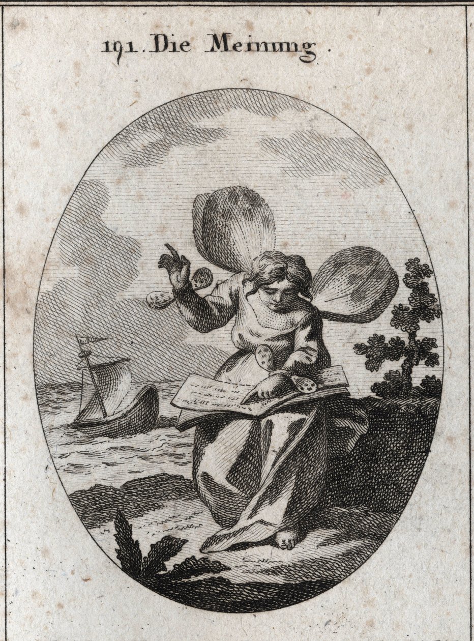 Allegorie van de mening afgebeeld lezend een boek waarvan ze lijkt voorstellen te ondersteunen. Vlindervleugels op de schouders en polsen markeren de instabiliteit van mensen in hun meningen. Diep in de achtergrond wordt een schip door de golven geslagen,  door Austrian School