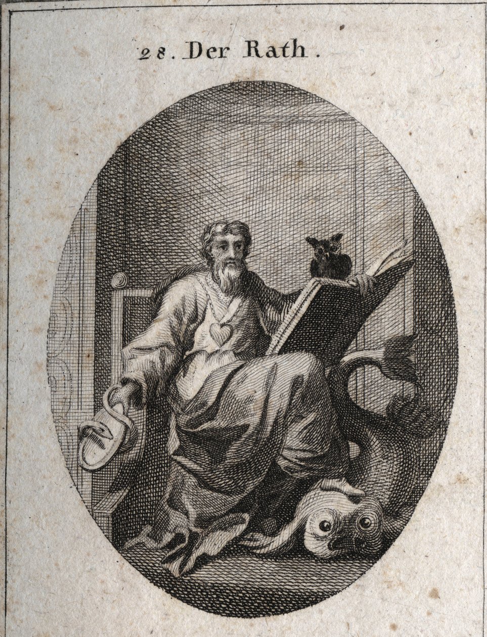 Allegorie van de representatieve raad met een gouden ketting en een hart, embleem van oprechtheid. Het boek en de uil symboliseren de penetratie van kennis door studie. De spiegel omgeven door de slang is het symbool van voorzichtigheid. De dolfijn die hij door Austrian School