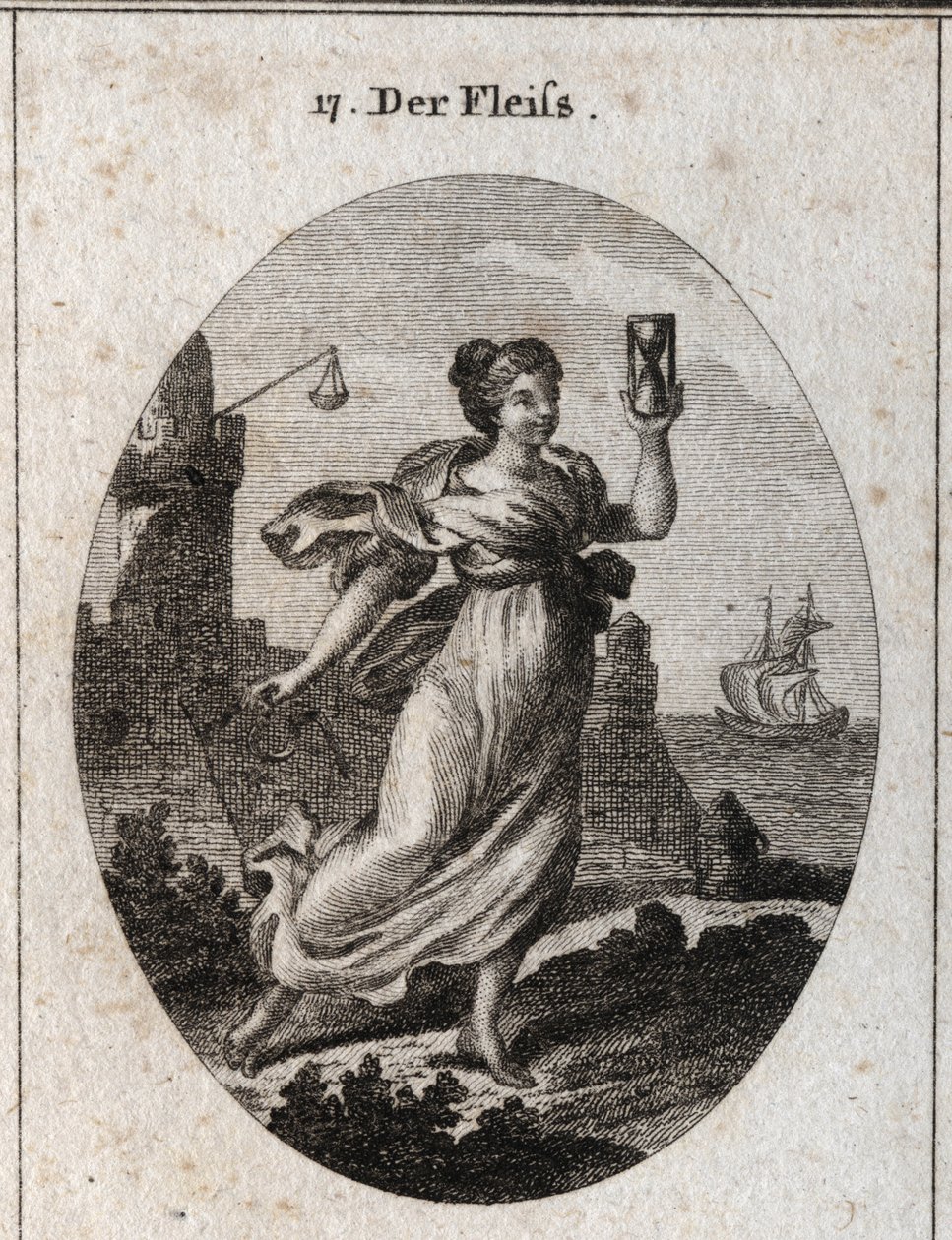 Allegorie van de ijver die snel loopt. Haar attributen zijn de zandloper en de spoor, symbool van activiteit en nauwkeurigheid. Gravure in 