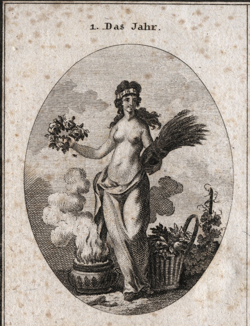Allegorie van het jaar omringd door symbolen van de vier seizoenen (bloemenkrans voor de lente, tarwekrans voor de zomer, mand met fruit voor de herfst en vaas met vuur voor de winter). Het jaar is half ontkleed in verwijzing naar de graden van warmte en k door Austrian School