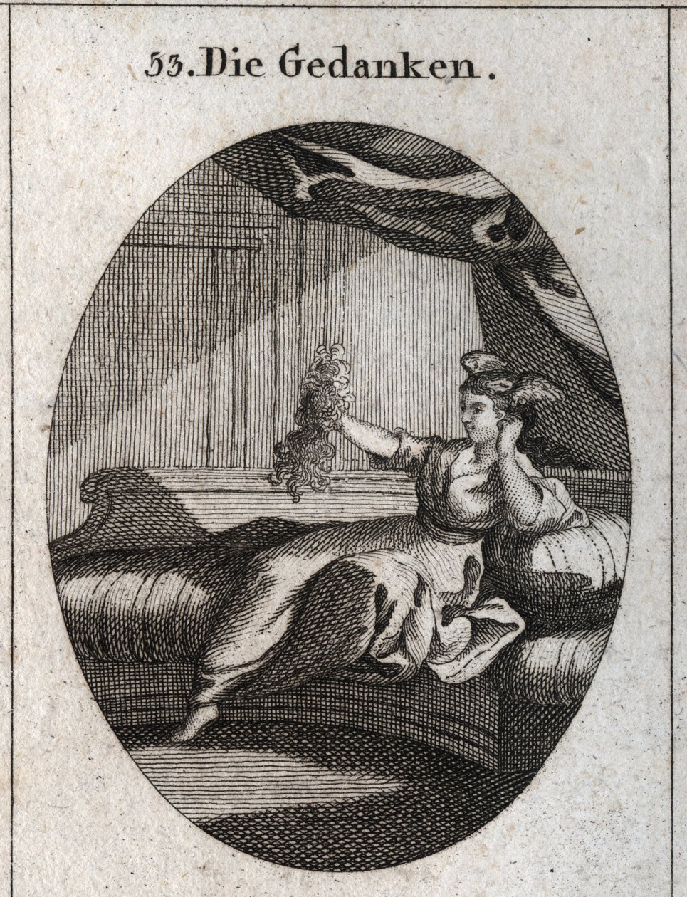 Allegorie van gedachten voorgesteld met vleugels aan het hoofd en een bos draden in de hand, beeld van de verwarring die de verschillende gedachten geven. Gravure in 