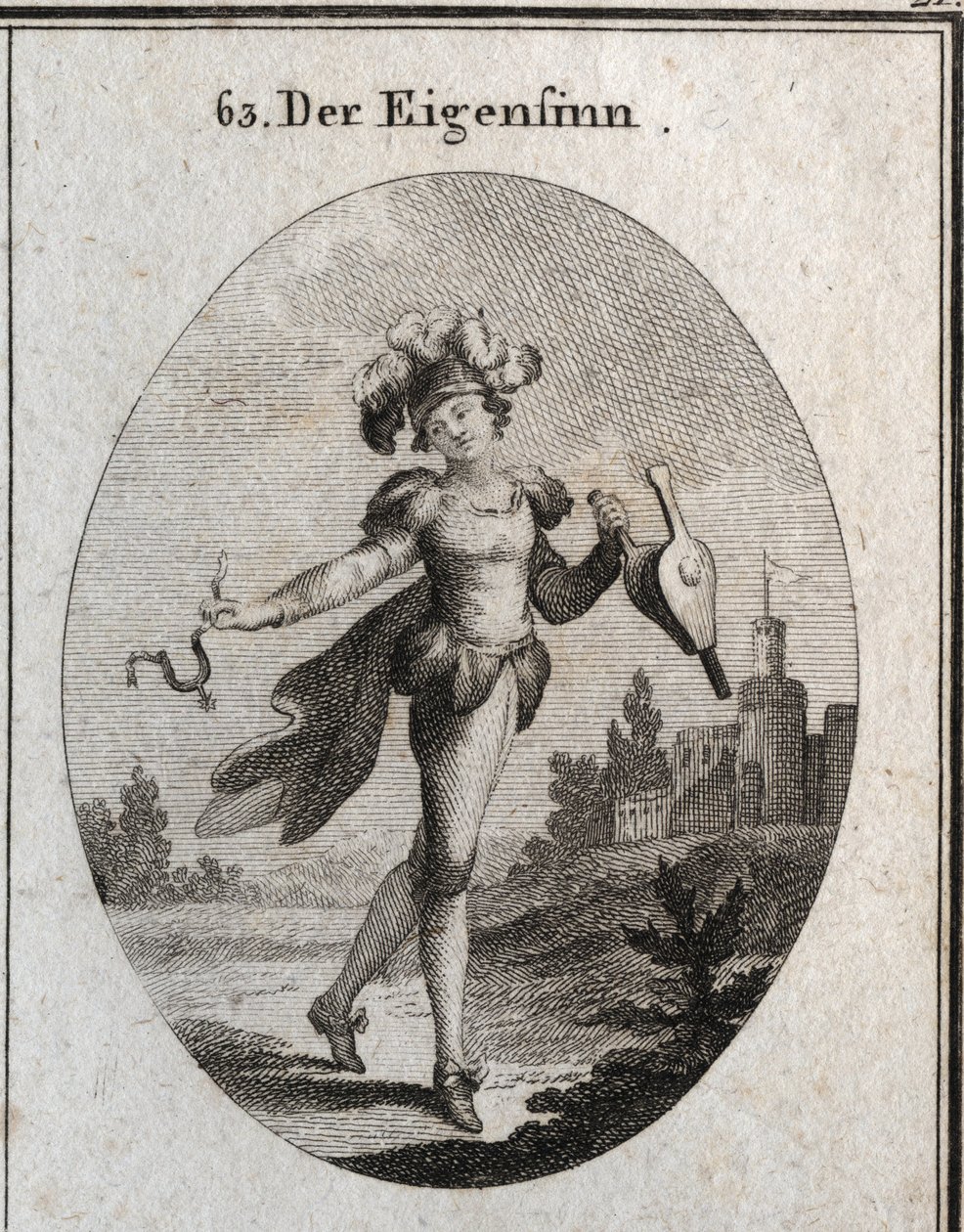 Allegorie van gril. Zijn kostuum en veren markeren de wispelturigheid van de grillen van de grillige. De blaasbalg en de spoor die hij vasthoudt, tonen aan dat hij zowel deugd als ondeugd prijst. door Austrian School