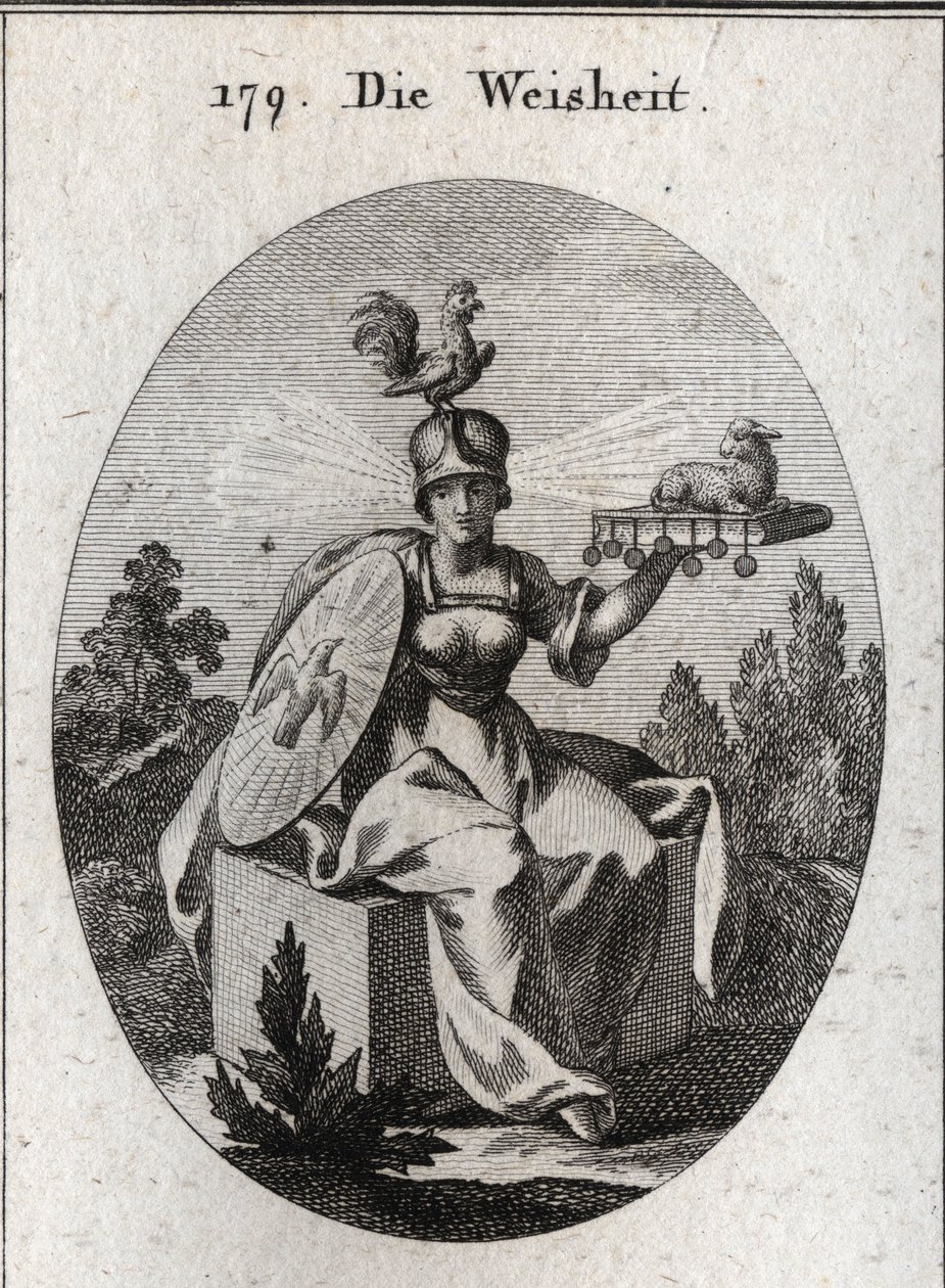 Allegorie van wijsheid. Zijn kleding en zijn witte wapens definiëren zijn kracht en zuiverheid. De haan op zijn helm is het symbool van zijn intelligentie en waakzaamheid. De lichtstralen die uit zijn slapen komen betekenen waardigheid en heiligheid. Het s door Austrian School