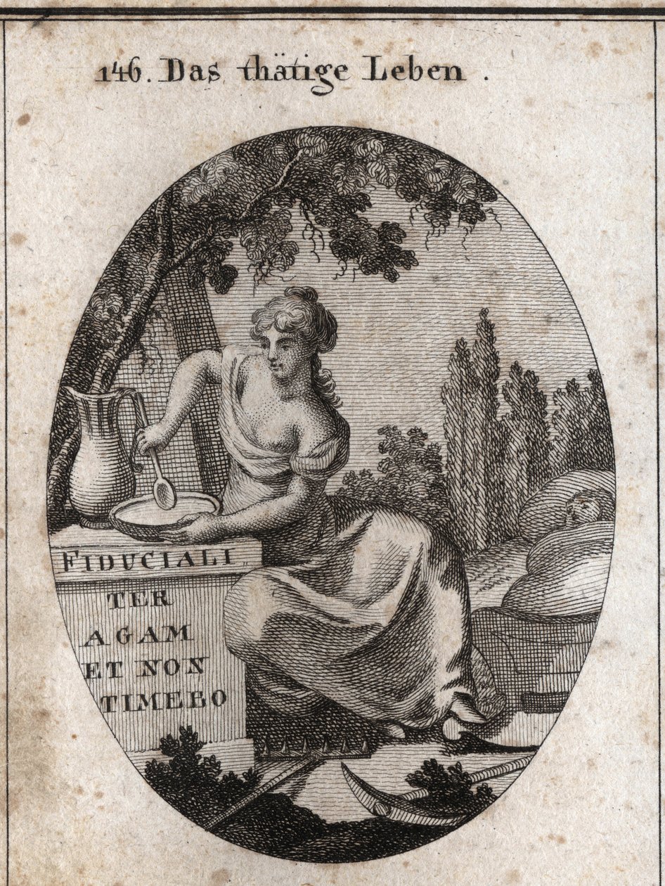 Allegorie van het werkende leven zittend in de schaduw van een wijnstok. Ze wordt afgebeeld terwijl ze zich voorbereidt om te eten in een vijver en een kind wiegt met haar voet. Ploeginstrumenten liggen naast haar. Gravure in 