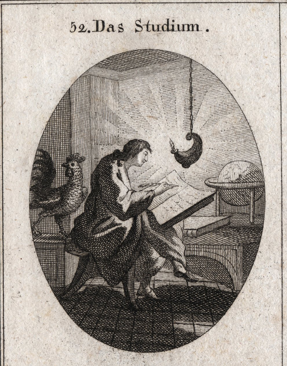 Allegorie van schrijven aan een bureau verlicht door licht. De haan is het attribuut van waakzaamheid. Gravure in 