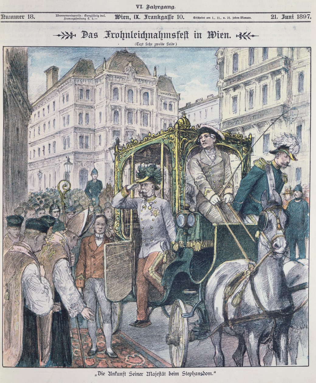 Keizer Franz Josef van Oostenrijk arriveert bij de Stephansdom in Wenen om het feest van Corpus Christi (Fronleichnam) te vieren, 1897 door Austrian School