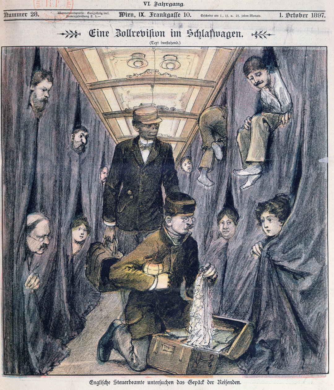 Engelse douanebeambten die bagage in een slaaprijtuig onderzoeken door Austrian School
