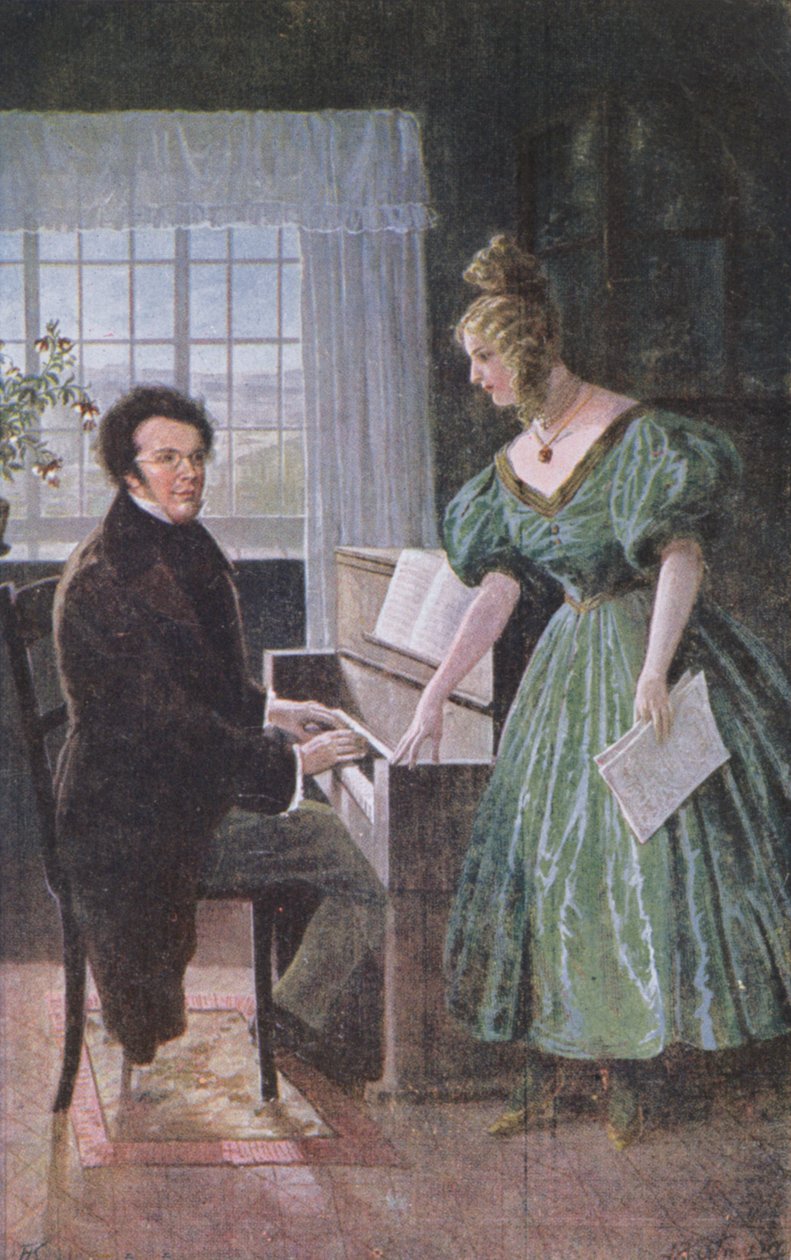 Franz Peter Schubert die piano speelt, ansichtkaart ca. 1910 door Austrian School
