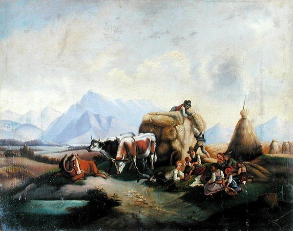 Oogstscène in Oostenrijk, midden 19e eeuw door Austrian School