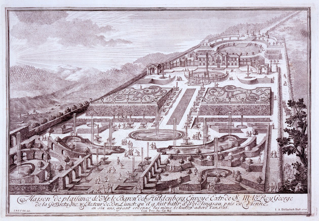 Prachtige tuinen en paleis van Baron de Huldenburg, gebouwd door hem in Widlingsau, 1719 door Austrian School