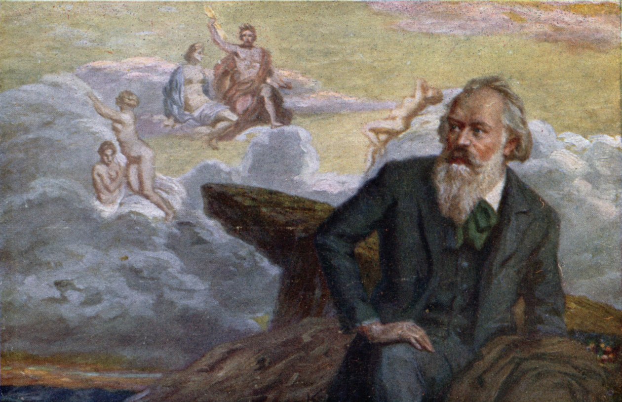 Ansichtkaart met afbeelding van Johannes Brahms die zijn 1e Symfonie Op.68 componeert, ca. 1900 door Austrian School