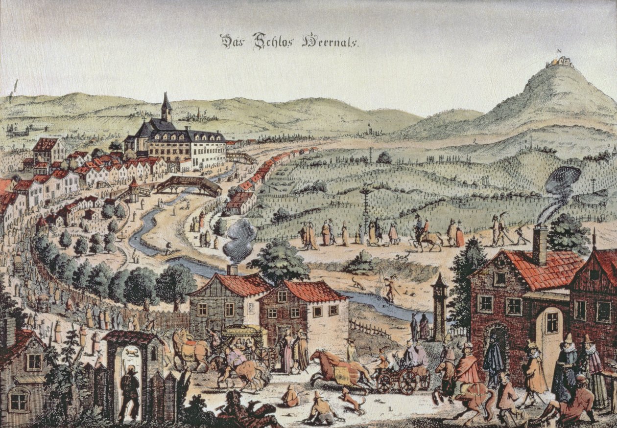 Uitzicht op het noorden van Wenen met het Schlos Hernals en de Kahlenberg heuvels op de achtergrond (gravure) door Austrian School
