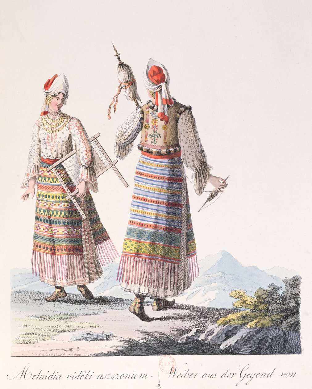 Vrouwen in traditionele kleding van de Mehadia regio, illustratie uit een boek Costumes de Hongrie door J.H. de Bikkesy door Austrian School