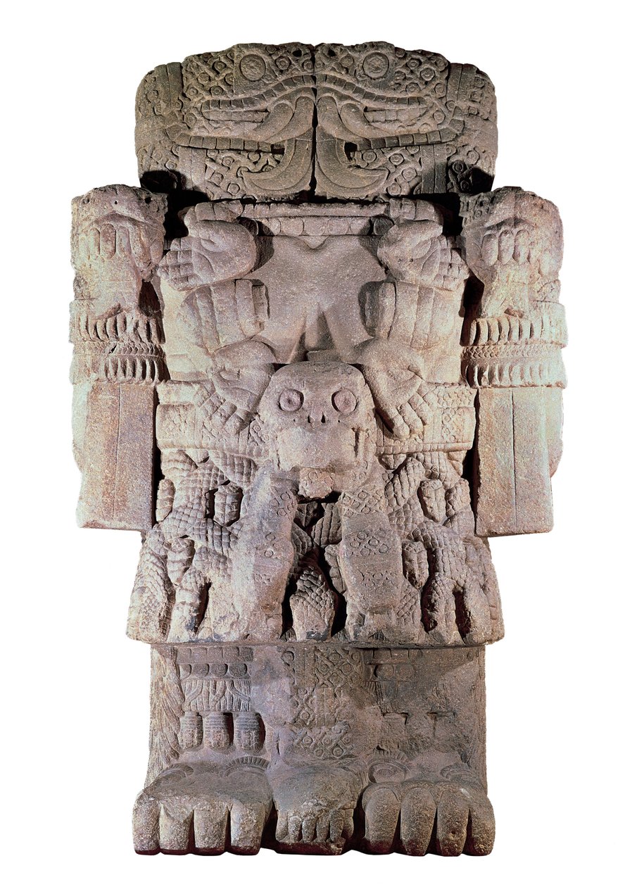 Azteekse beschaving: stenen beeld van de Godin van de Aarde, Schepping en Dood Coatlicue door Aztec Aztec