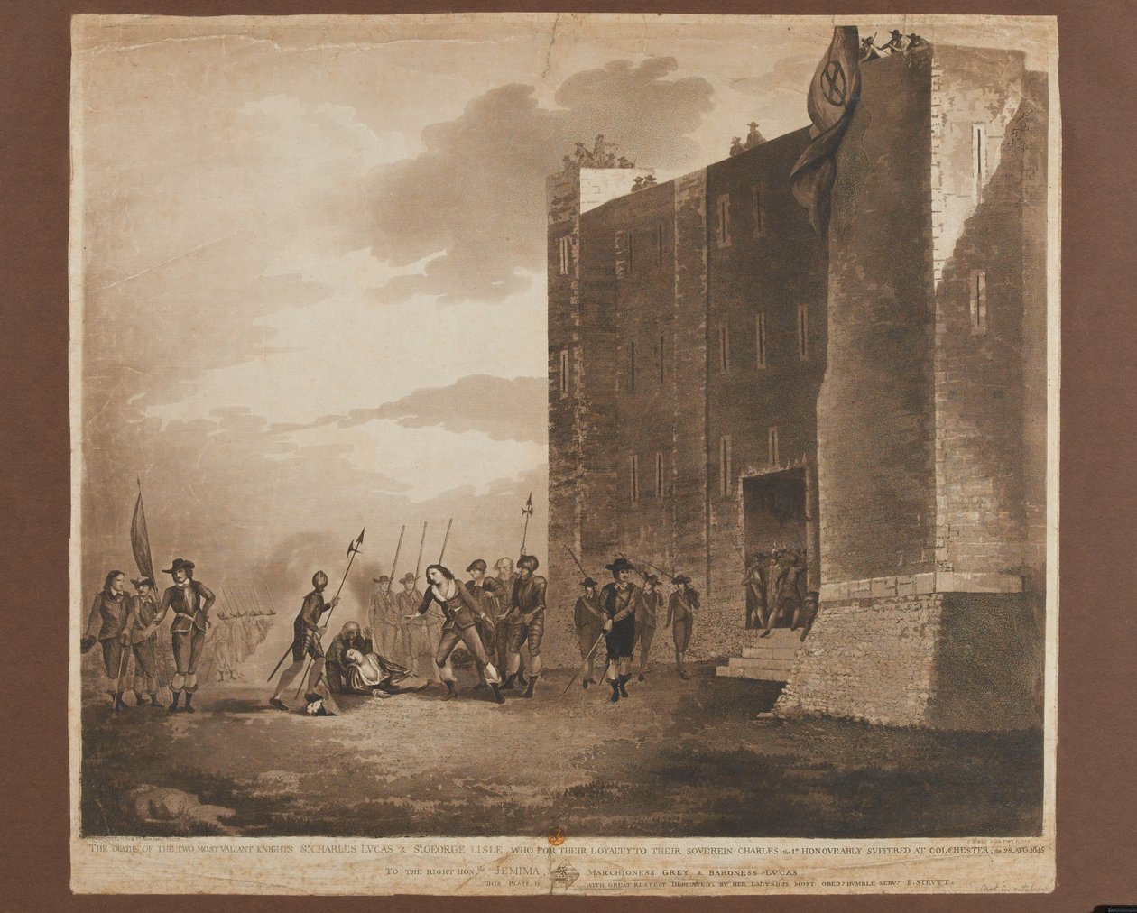 Dood van Sir Charles Lucus (c.1612-1648), Sir George Lisle (d.1648), 28 augustus 1648, gegraveerd door F. Jukes, gepubliceerd in 1748 door B. Strutt