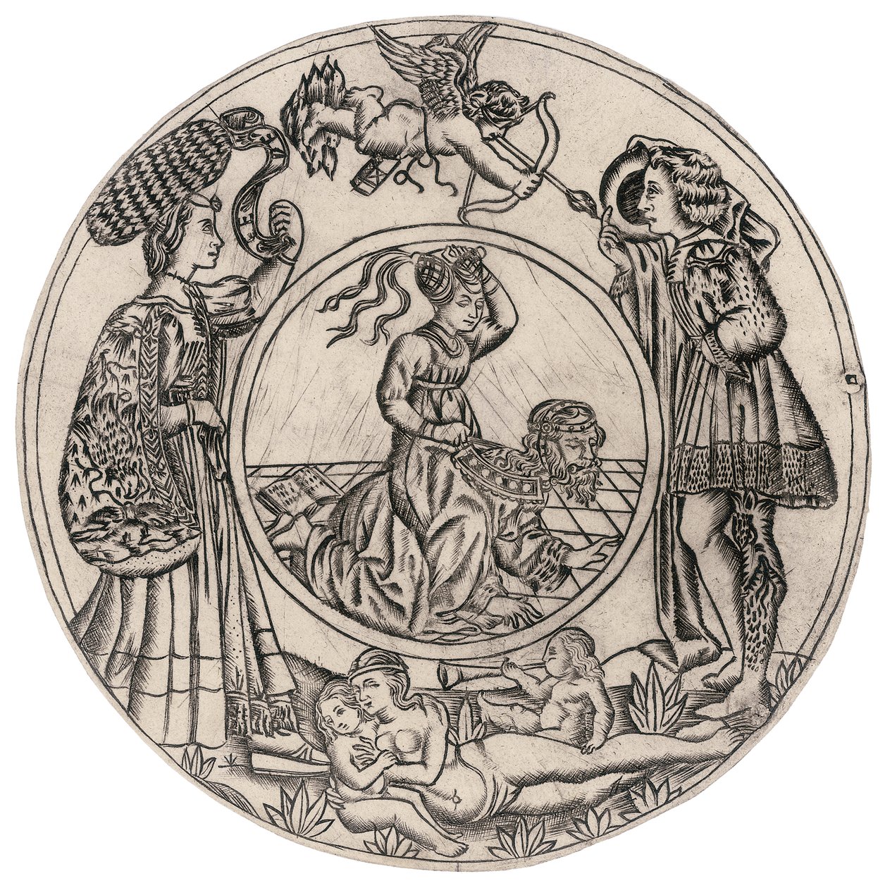 Aristoteles en Phyllis, omringd door een Jonge Man en Vrouw met Eros, en een liggende naakte Vrouw met twee Kinderen, tweede helft van de 15e eeuw door Baccio (circle of) Baldini