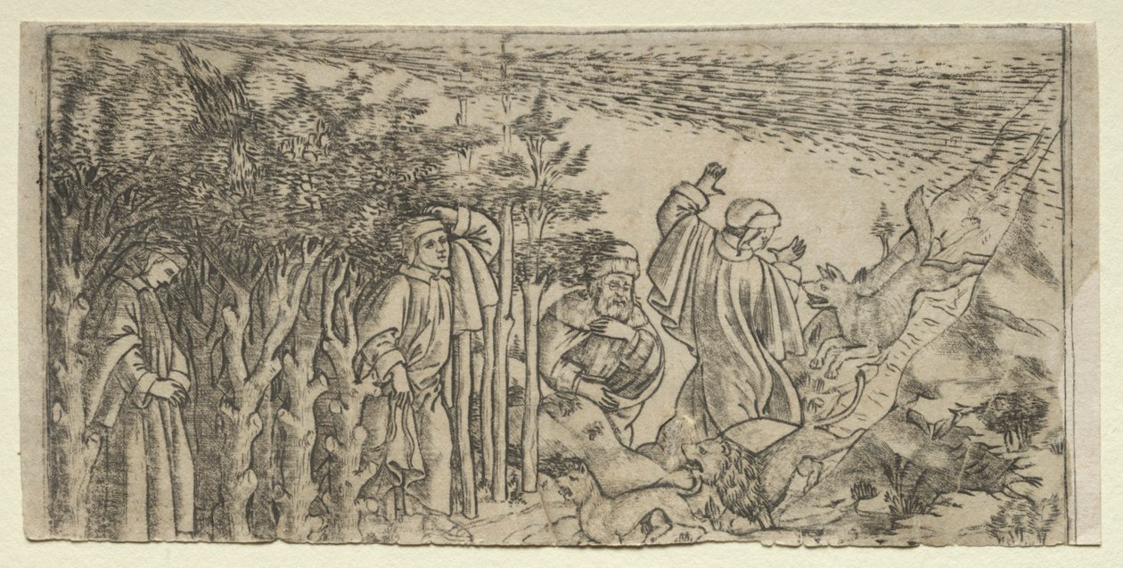 Dante Verdwaald in het Bos: Ontsnappen en Ontmoeting met Virgil, Canto I door Baccio Baldini
