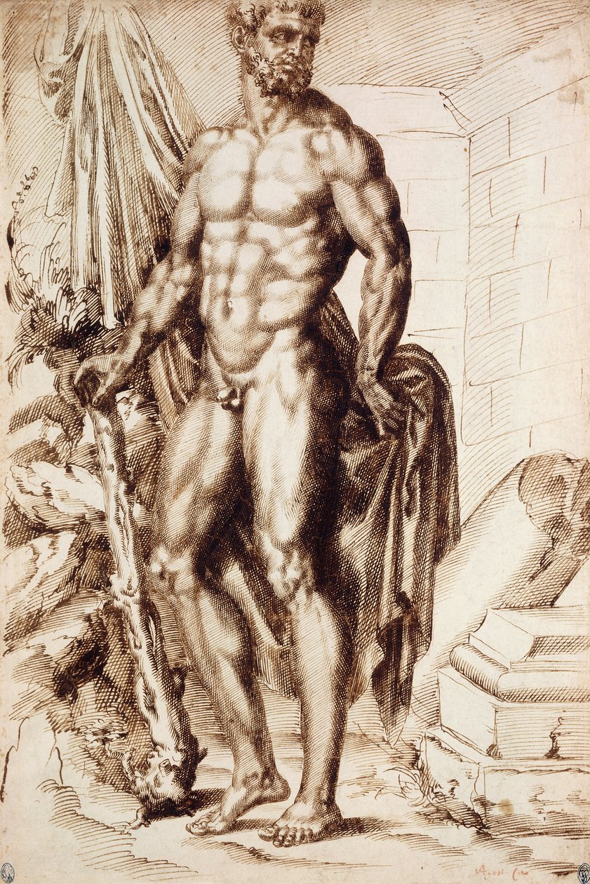 Hercules naar links gedraaid, leunend op zijn Knots, Houdend Draperie, bij de Ruïnes van een Tempel door Baccio Bandinelli