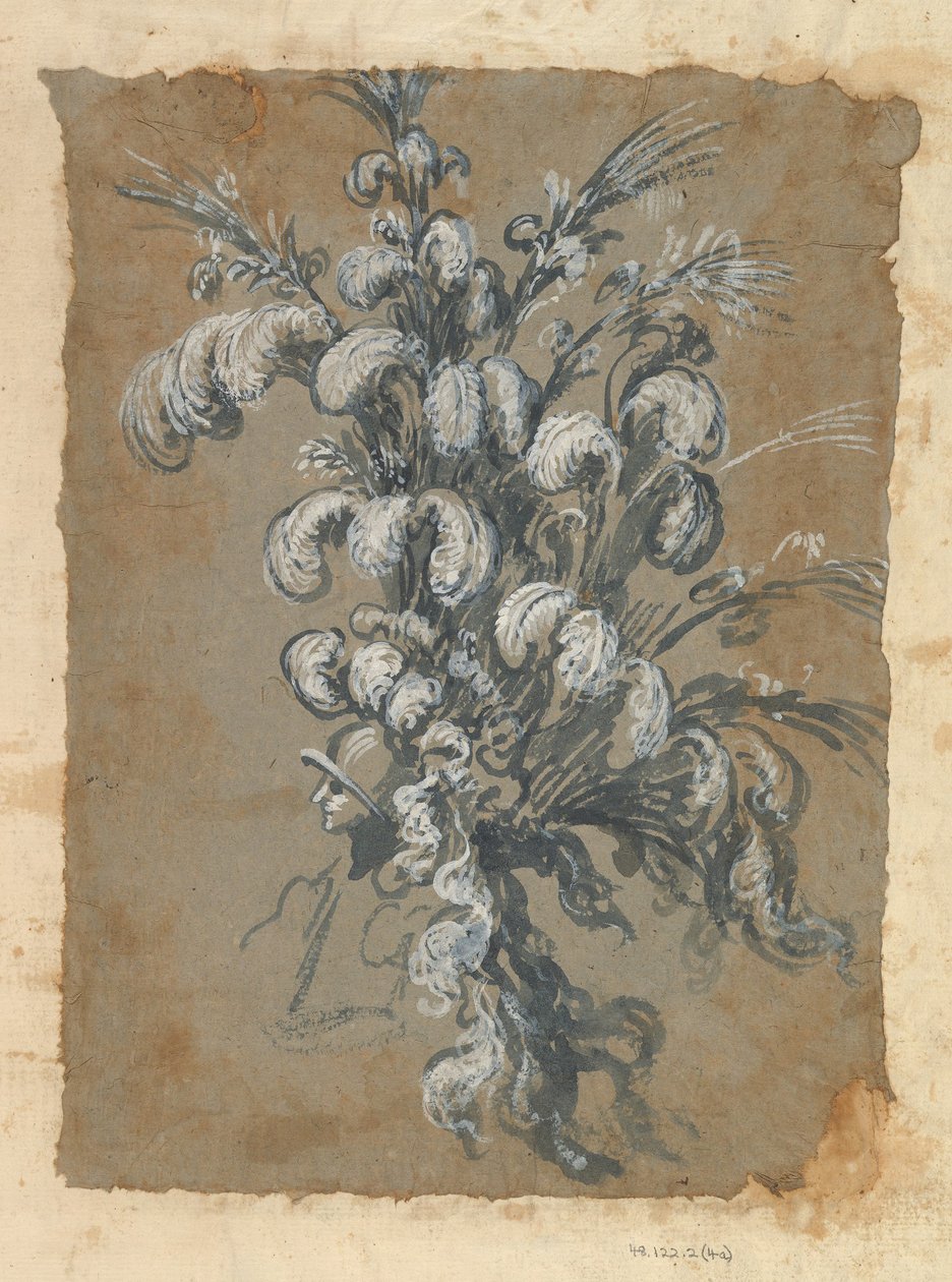Ontwerp voor een Weelderige Hoofdtooi met Veren op een Helm, ca. 1620-56 door Baccio del Bianco