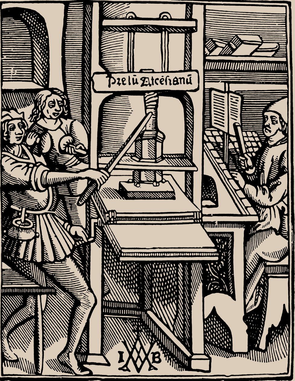 Prelum Ascensianum: drukkerij met de drukpers in werking, 1508 door Badius