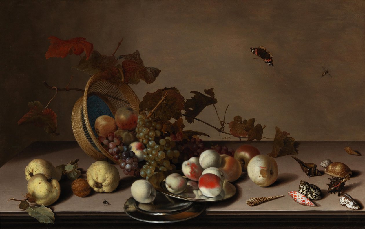 Fruit stilleven met mand, mosselen en vlinder, eerste helft van de 17e eeuw door Balthasar van der Ast