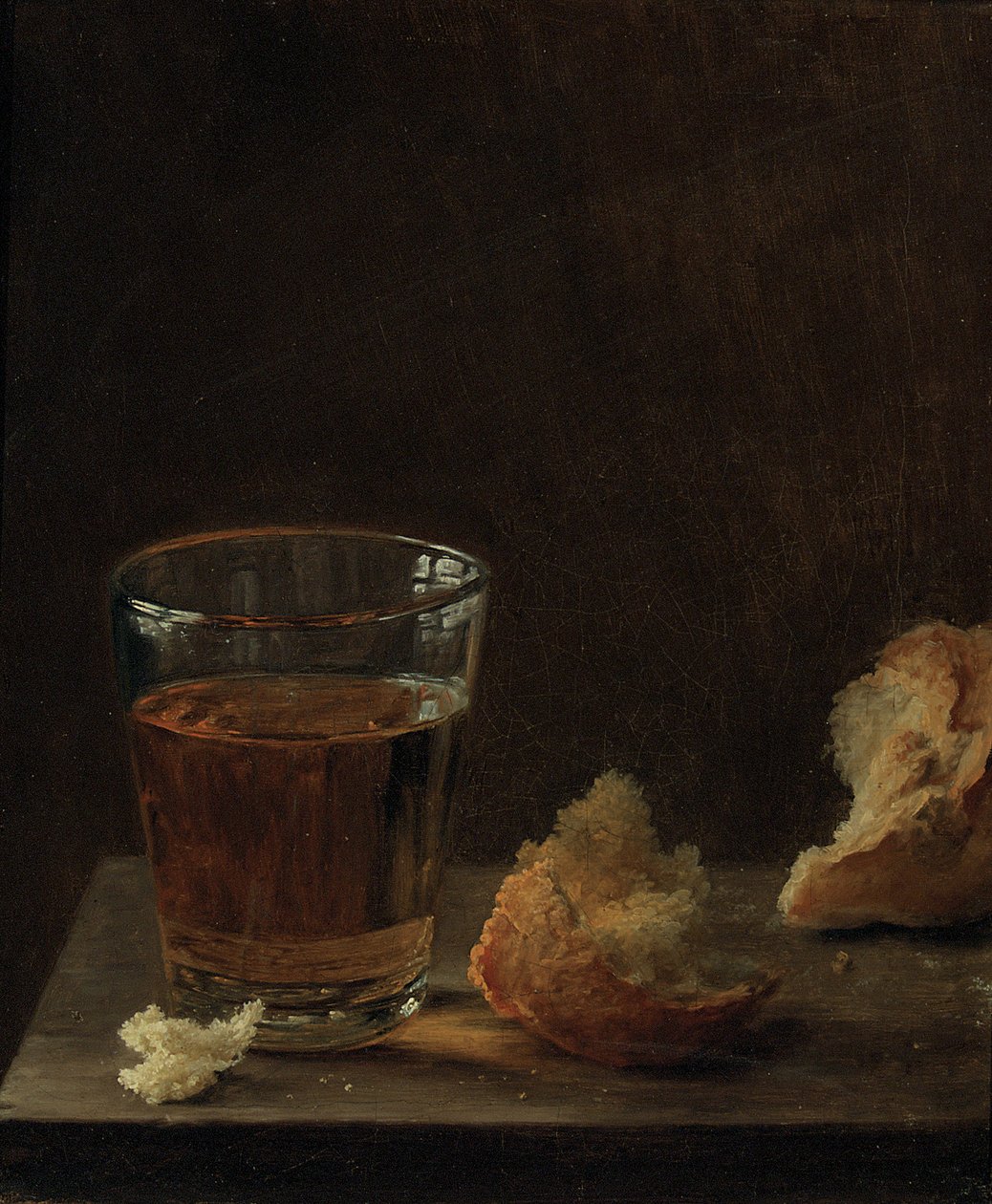 Een glas bier en een broodje op een tafel door Balthasar Denner