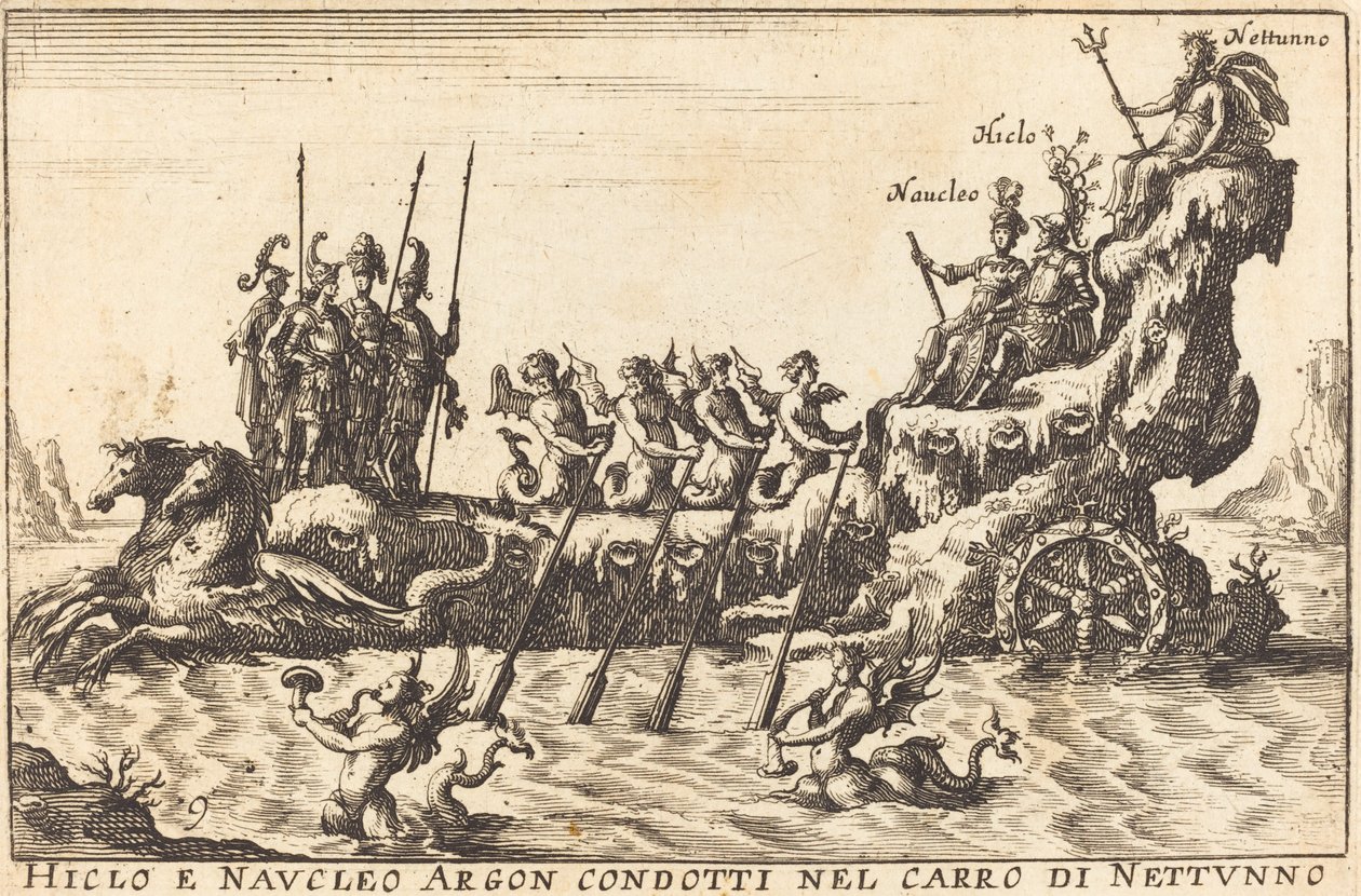 Hiclo en Naucleo Argon geleid in de wagen van Neptunus door Balthasar Moncornet after Remigio Cantagallina