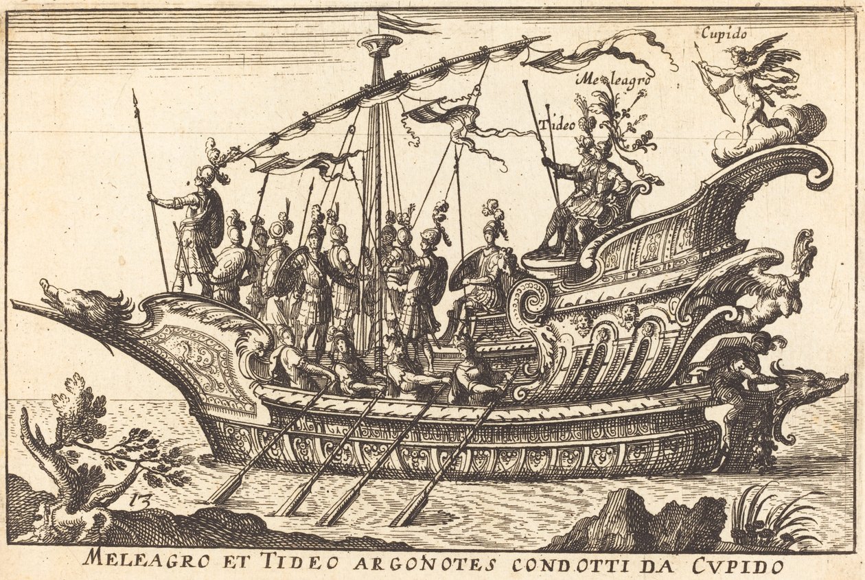 Meleagro en Tideo Argonoten geleid door Cupido door Balthasar Moncornet after Remigio Cantagallina