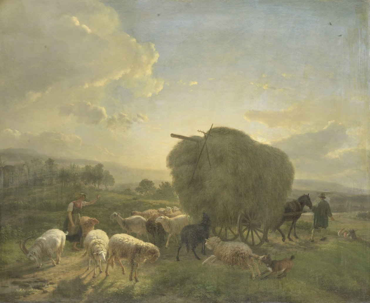 Landschap met schapen en een hooiwagen door Balthasar Paul Ommeganck