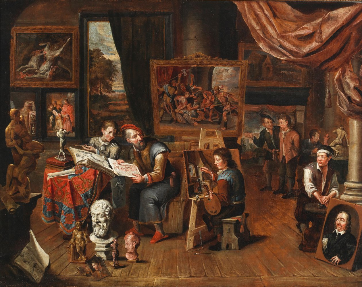 Een kunstenaarsatelier door Balthasar van den Bossche