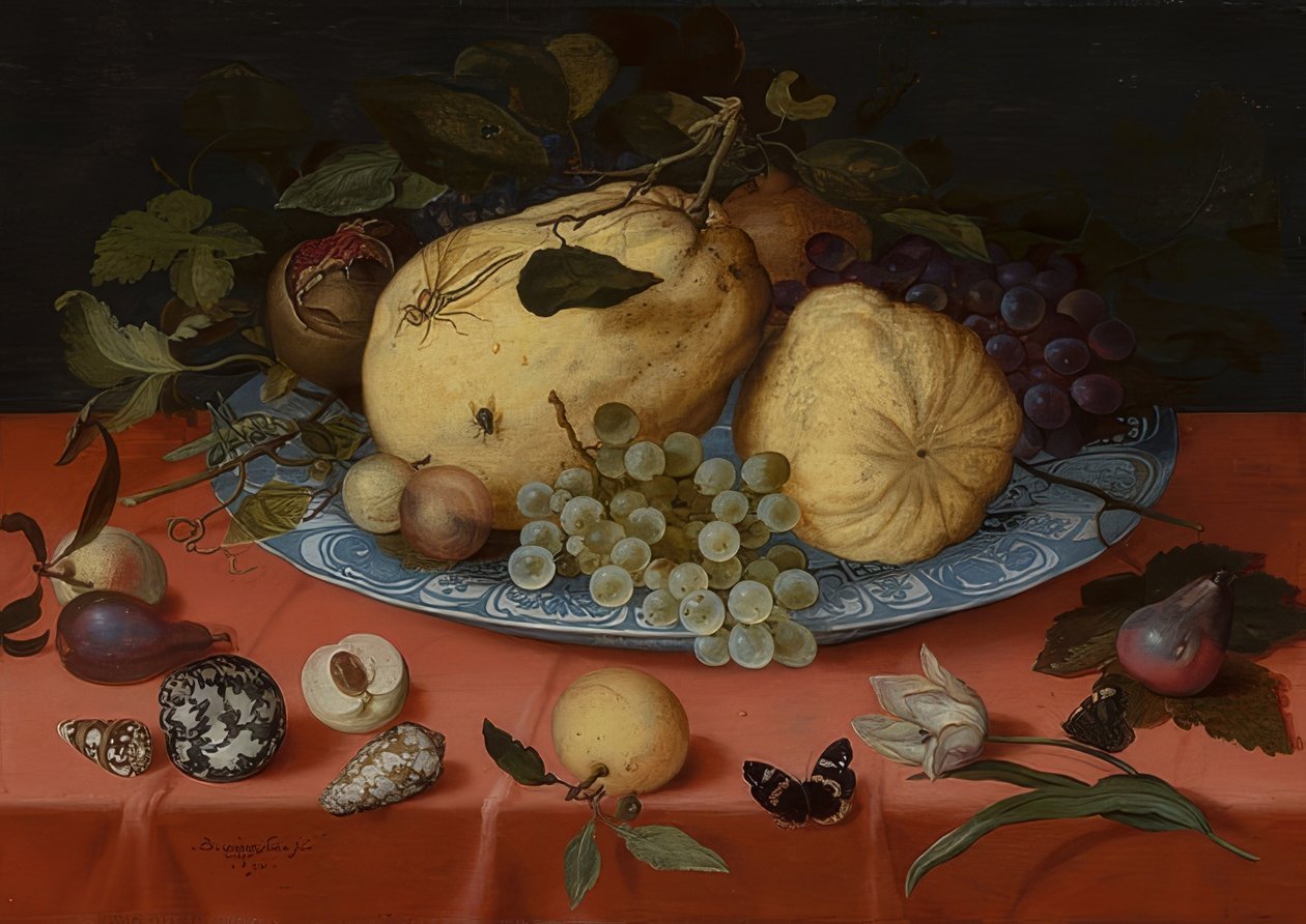 Vruchten-stilleven met schelpen en tulp. 1620 door Balthasar van der Ast