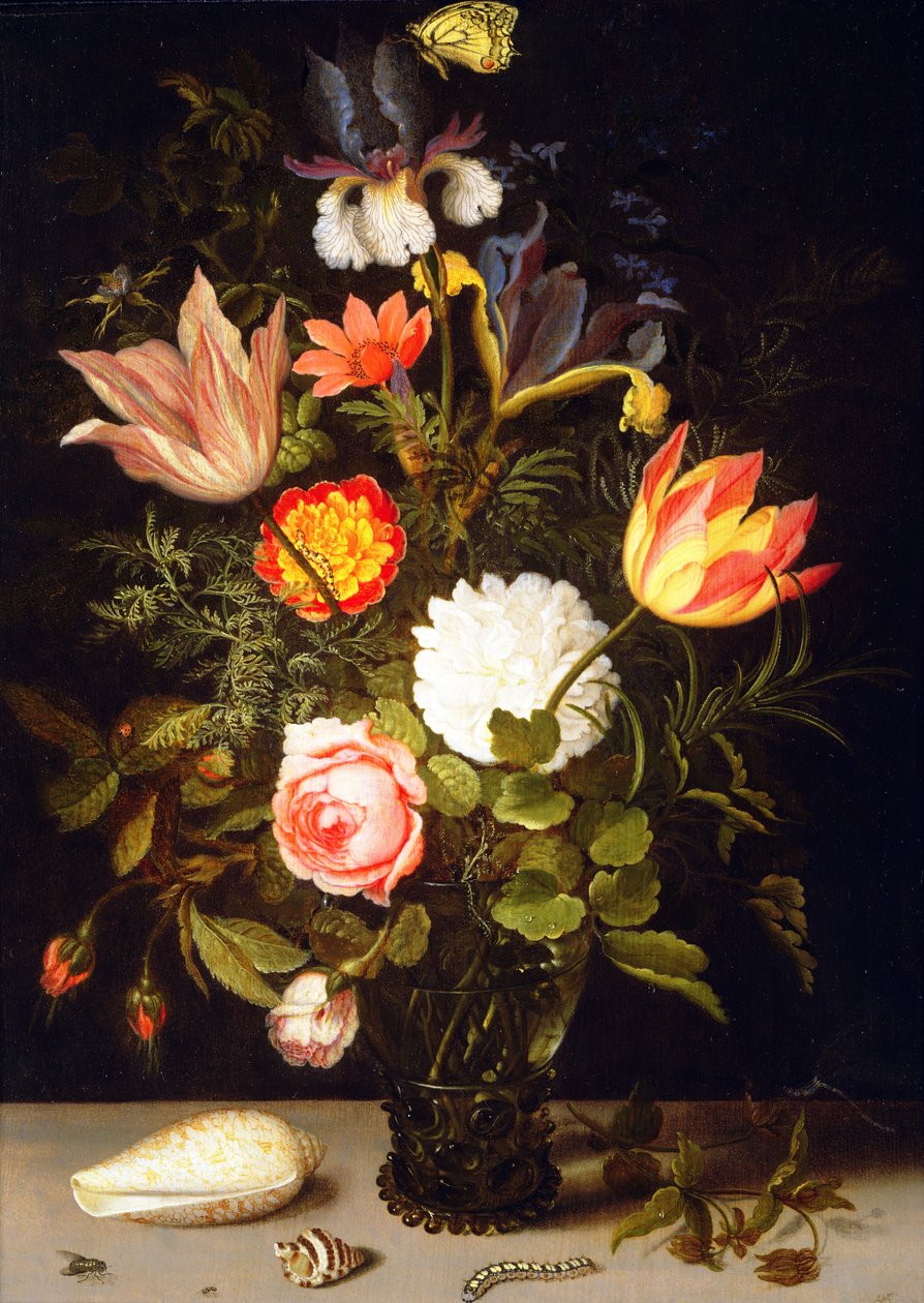 Stilleven van Bloemen in een Roemer met Twee Schelpen door Balthasar van der Ast