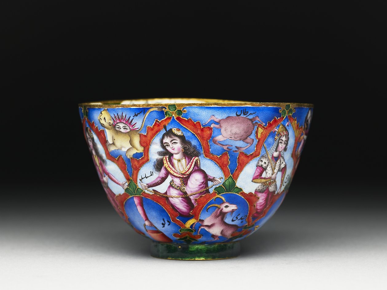 Kom met deksel, schotel en lepel met astrologische decoratie, begin 19e eeuw door Baqir